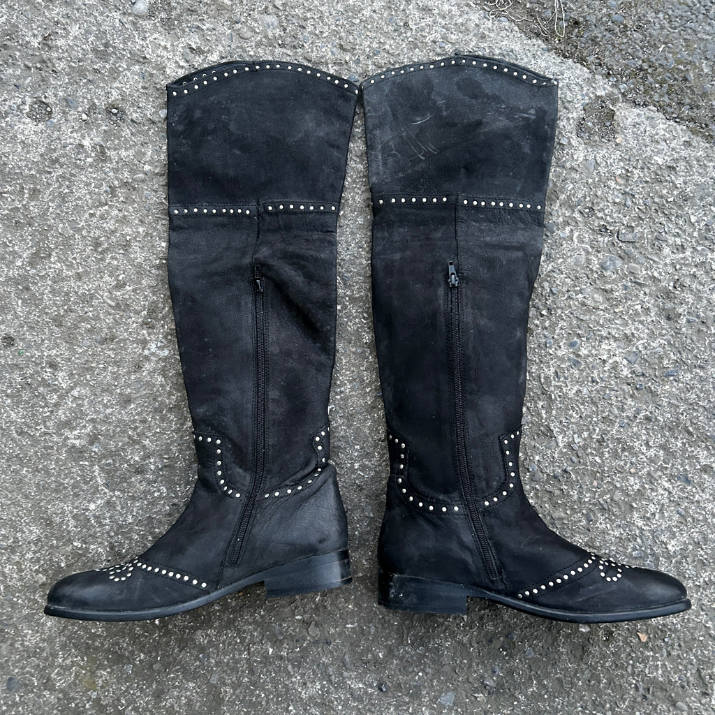 Women’s Black Leather Studded Over The Knee Moleskin Boots 41/8 Sku 6773 