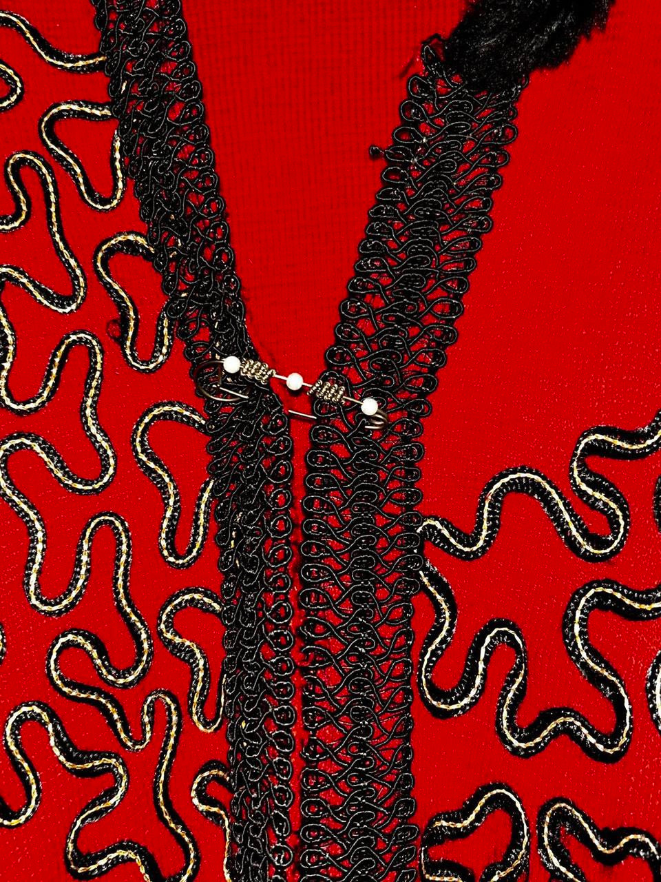 Women’s Red and black faux fur trim shawl with a boho vibe #festivalvibes collar to hem 43 pit to pit 60 SKU 7081