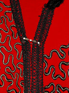 Women’s Red and black faux fur trim shawl with a boho vibe #festivalvibes collar to hem 43 pit to pit 60 SKU 7081