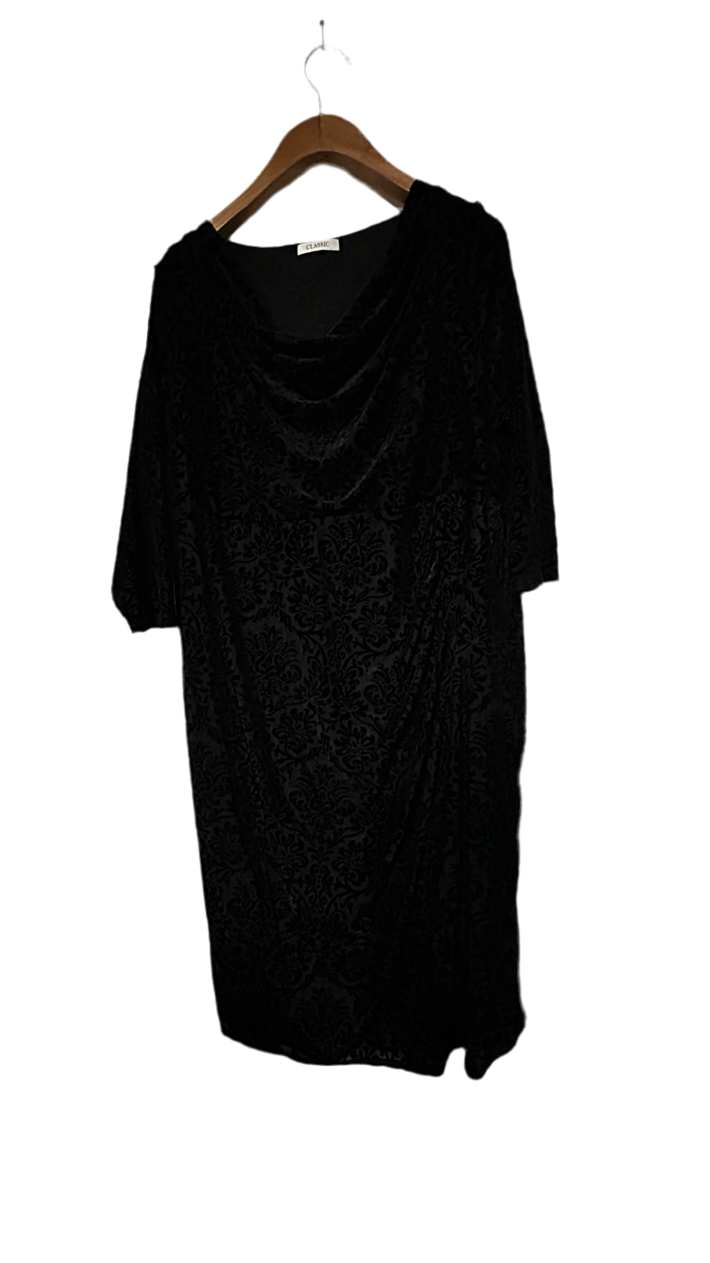 Black velvet M&S dress with draped cowl neckline, 3/4 length sleeves, and a 46 length #velvetdress #cowlneck w21 sku 7005