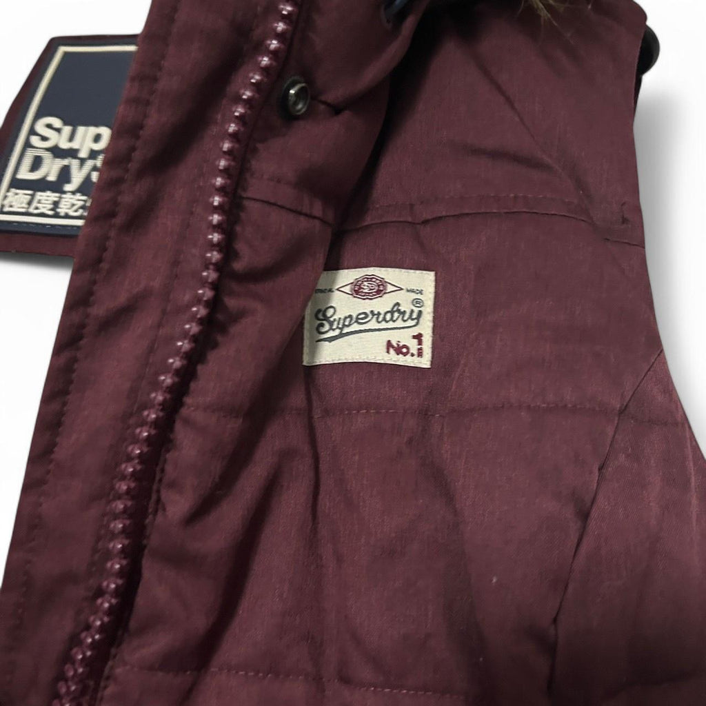 Vintage Women's Burgundy Superdry Padded Gilet with Removable Hood, Size L (26" Length, 20" Waist) - SKU 6875