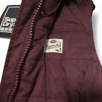 Vintage Women's Burgundy Superdry Padded Gilet with Removable Hood, Size L (26" Length, 20" Waist) - SKU 6875