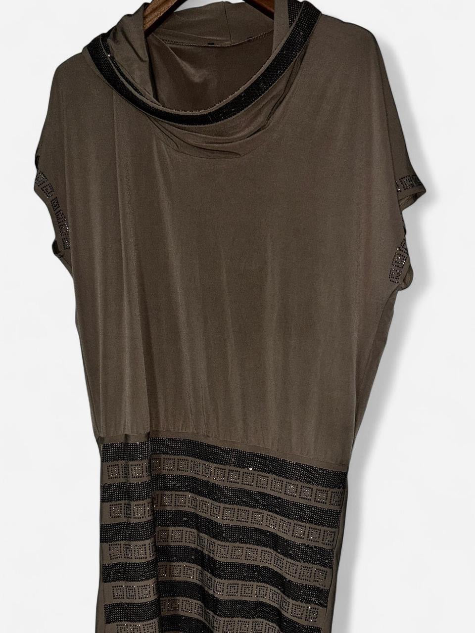 Brown cowl neck top with silver sparkle stripes and side zipper #glamtop #sparkle one size L 37 w23 sku 7018