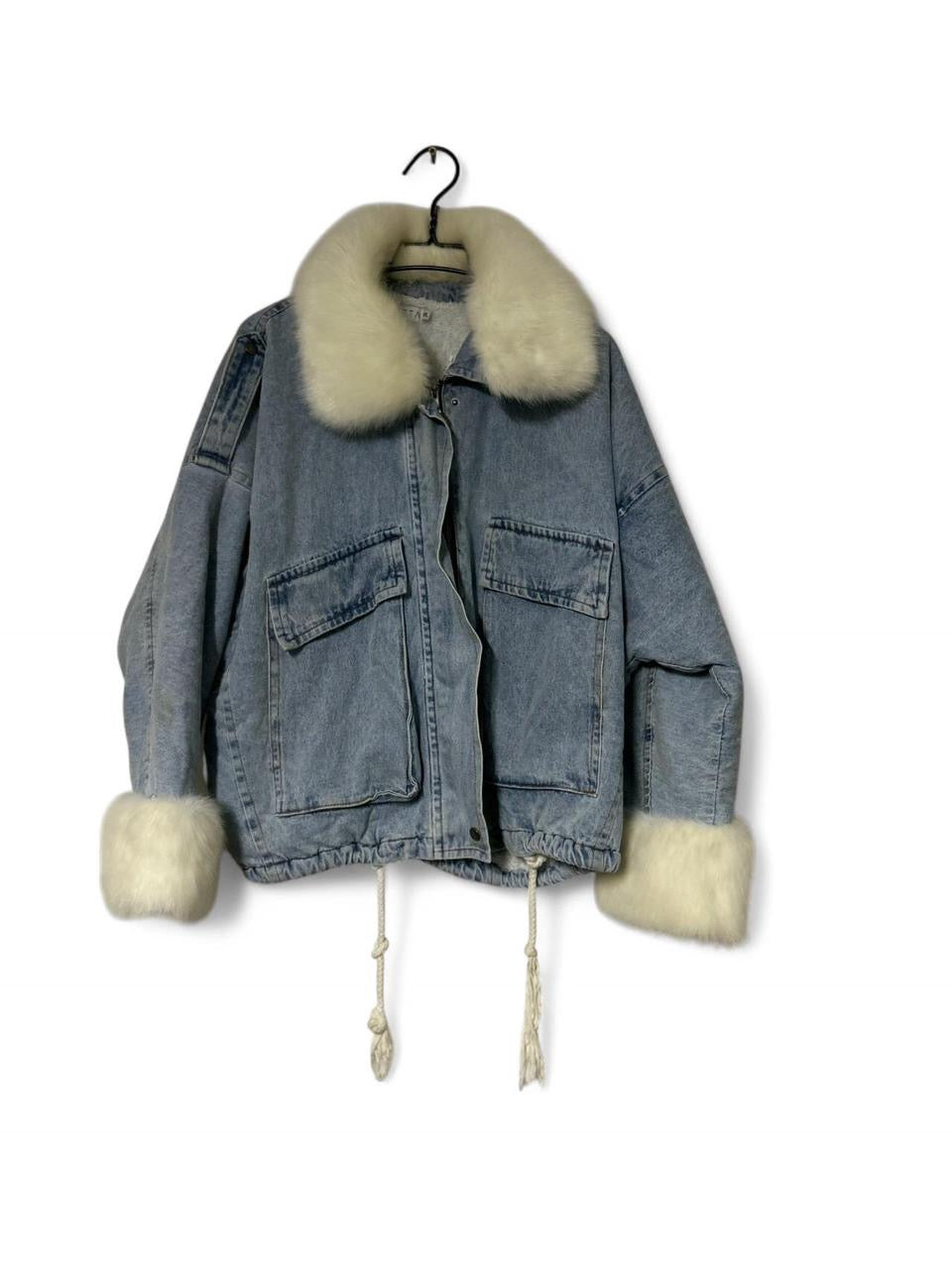 Minetom Women's Winter Plush Lined Collar Denim Jackets Long Sleeve Denim Jacket Fleece Jacket Coat Warm Winter Jacket with Drawstring