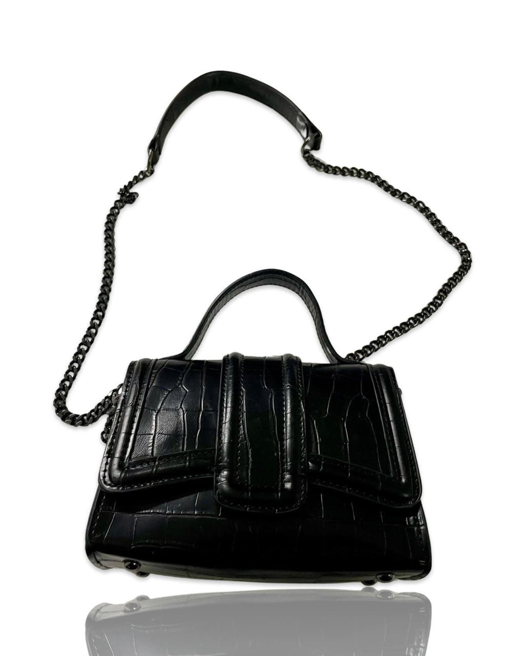 Vintage zara mini ‘city’ crossbody bag in black croc & dark metal shoulder chain