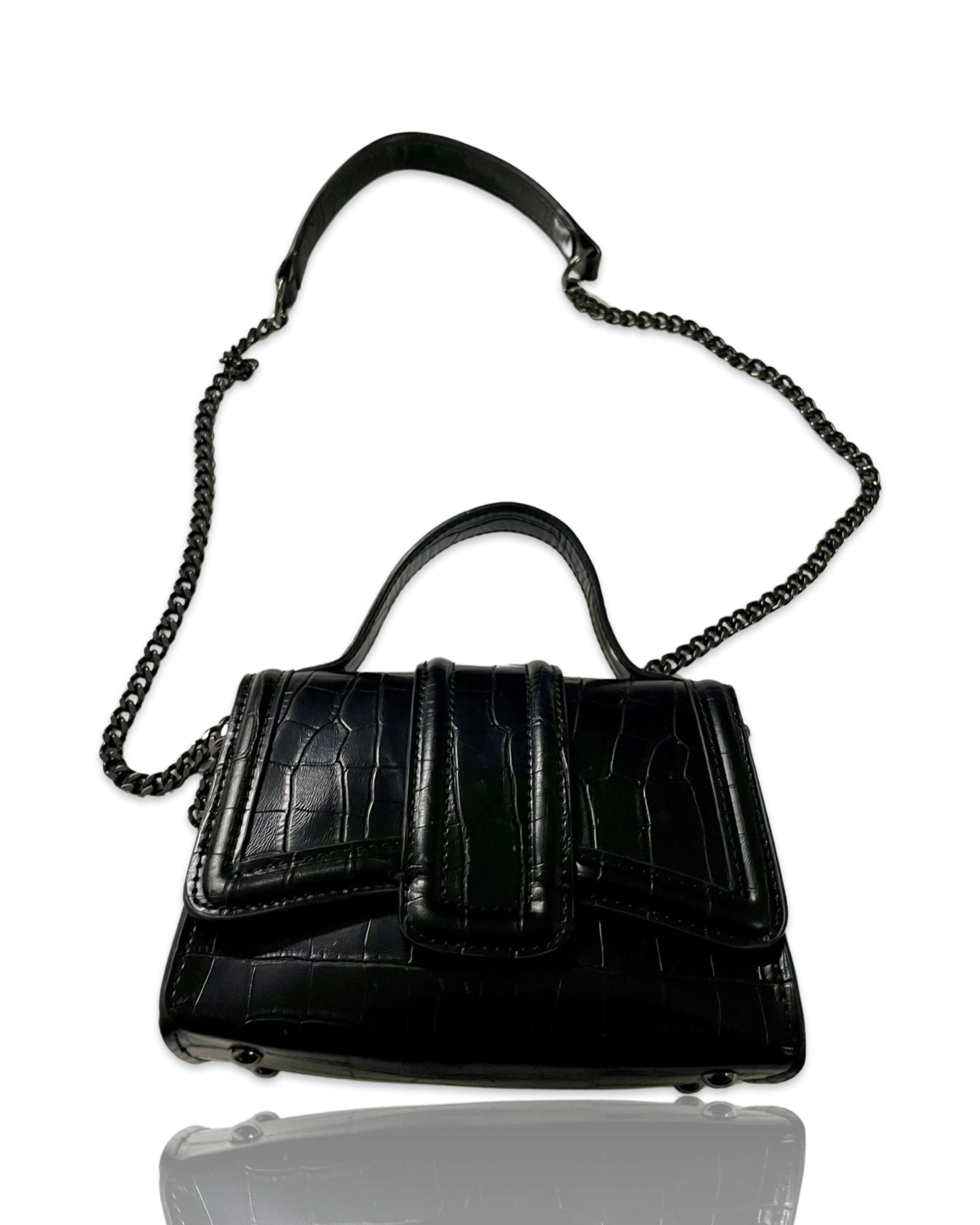 Vintage zara mini ‘city’ crossbody bag in black croc & dark metal shoulder chain