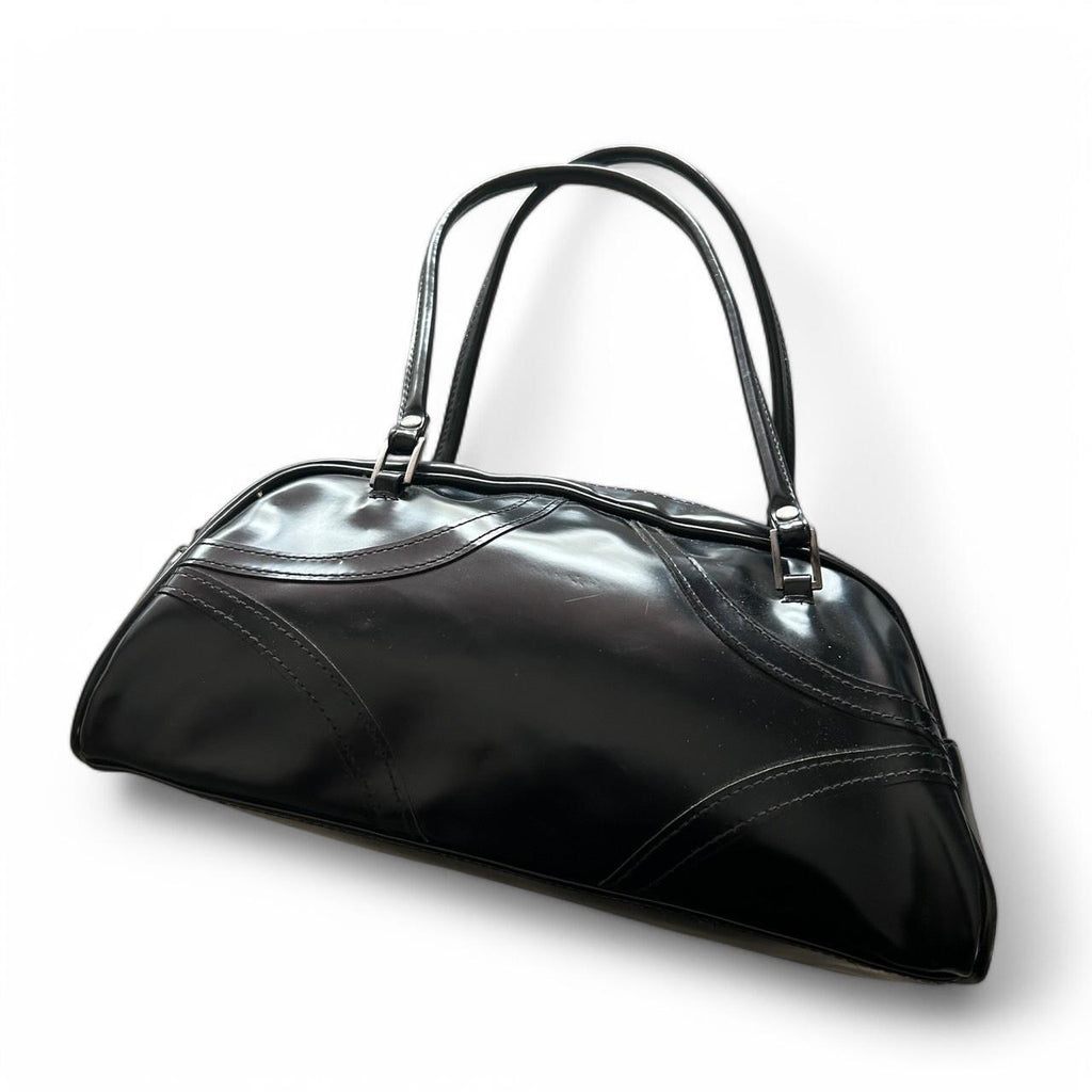 Black PVC shoulder bag with unique shape, featuring two zipper pockets and a velcro pocket on the inside. leather #shoulderbag SKU 6867