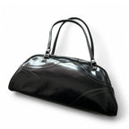Black PVC shoulder bag with unique shape, featuring two zipper pockets and a velcro pocket on the inside. leather #shoulderbag SKU 6867