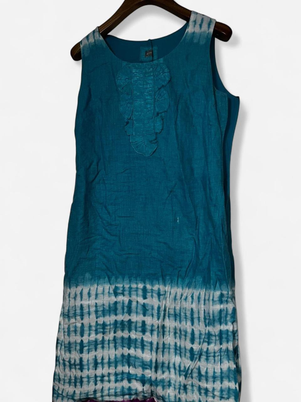 Per Una cocktails don Teal blue sleeveless dress with tie-dye effect and ruffle collar #boho #festivalvibes size 12/14 originally size 14 tailored to for 12
