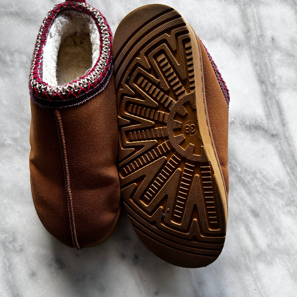 Tazmin Aztec Detail Faux Fur Lining Platform Slipper In Chestnut Faux Suede