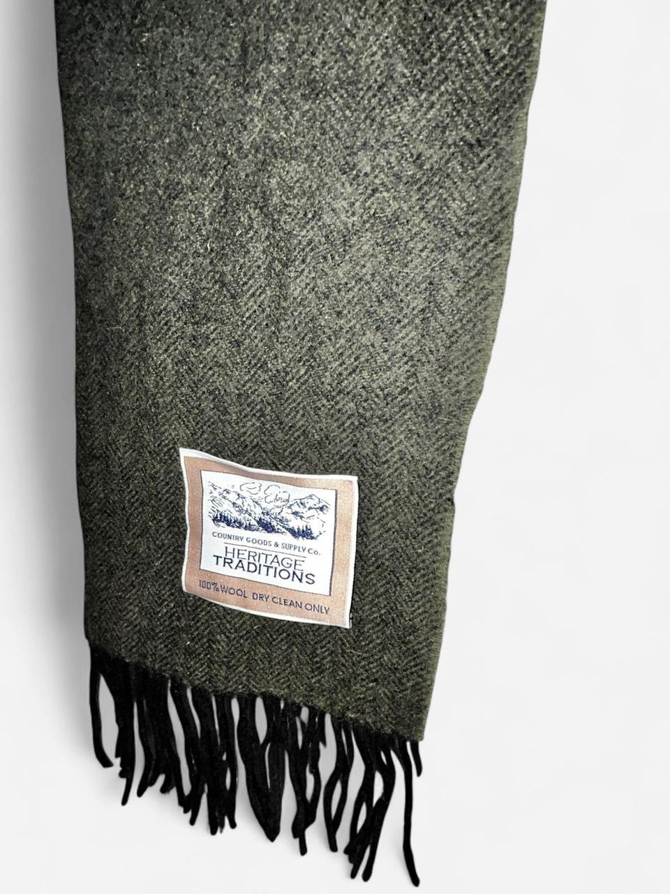 Pure Wool Herringbone Scarf - Heritage khaki green sku 7080