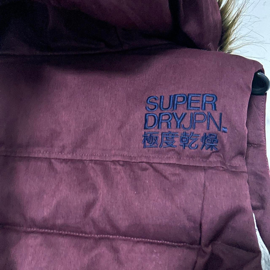 Vintage Women's Burgundy Superdry Padded Gilet with Removable Hood, Size L (26" Length, 20" Waist) - SKU 6875
