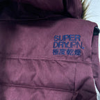 Vintage Women's Burgundy Superdry Padded Gilet with Removable Hood, Size L (26" Length, 20" Waist) - SKU 6875