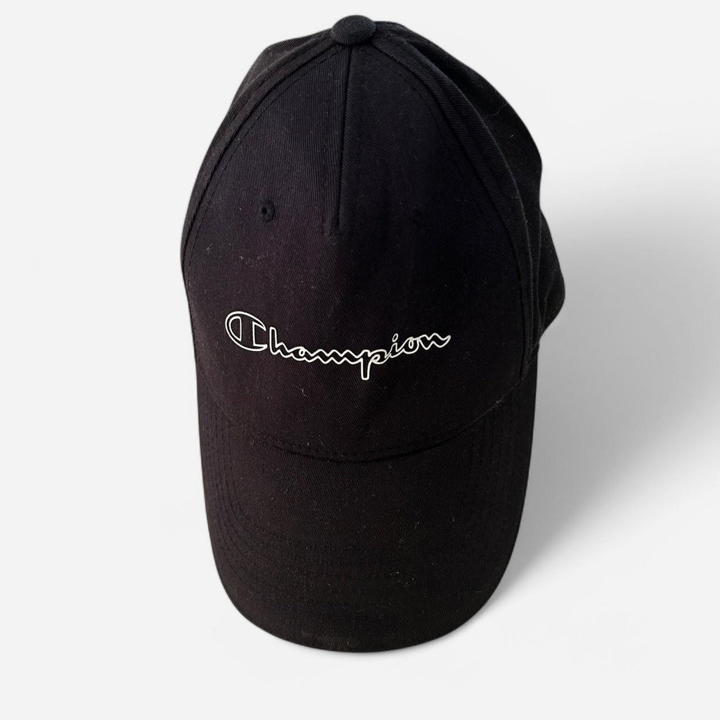 Black Champion cap with embroidered logo #streetwear sku 6823 
Champion SnapBack Hat Cap Script Spellout Logo Black 90s  SKU 6823