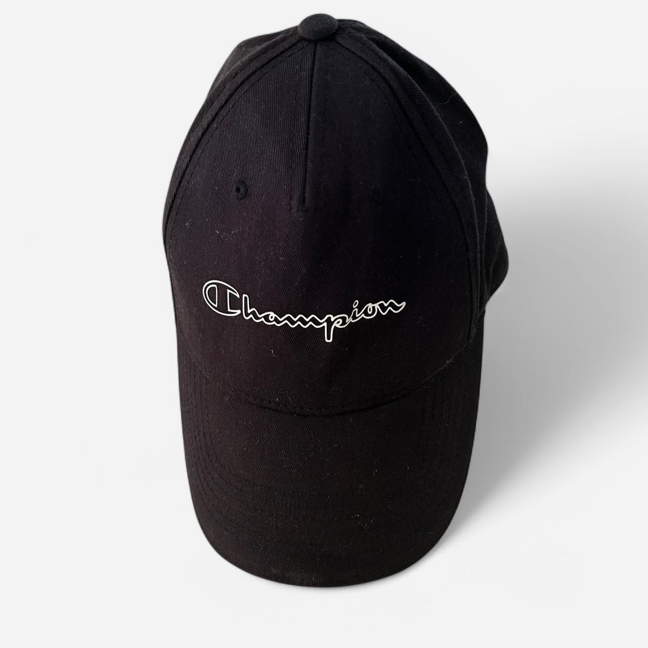 Black Champion cap with embroidered logo #streetwear sku 6823 
Champion SnapBack Hat Cap Script Spellout Logo Black 90s  SKU 6823