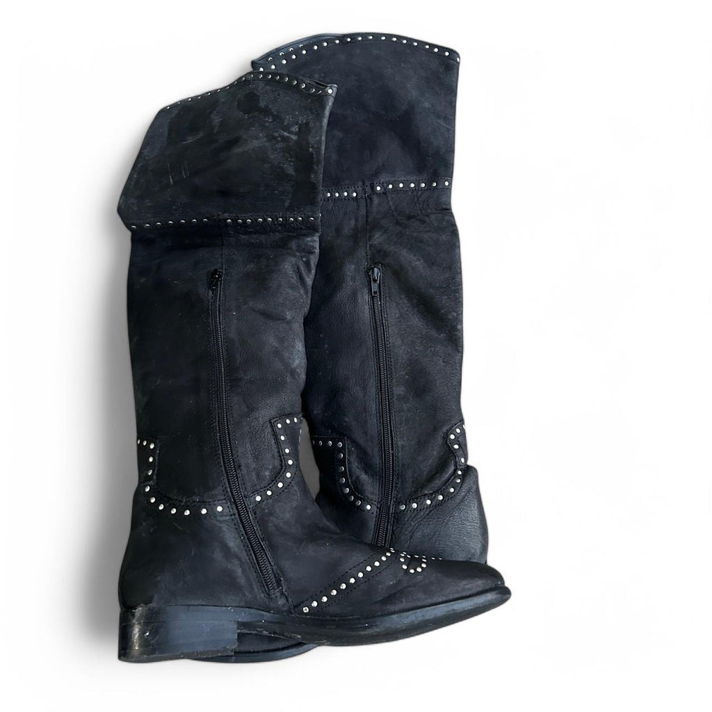 Women’s Black Leather Studded Over The Knee Moleskin Boots size Small 41/8 Sku 6773