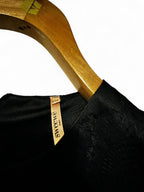 Black velvet dress with lace trim and a bow detail, featuring a zipper closure and a belt. #velvetdress #lacedetail size s/M  L 34 W 14.5 SKU 7020