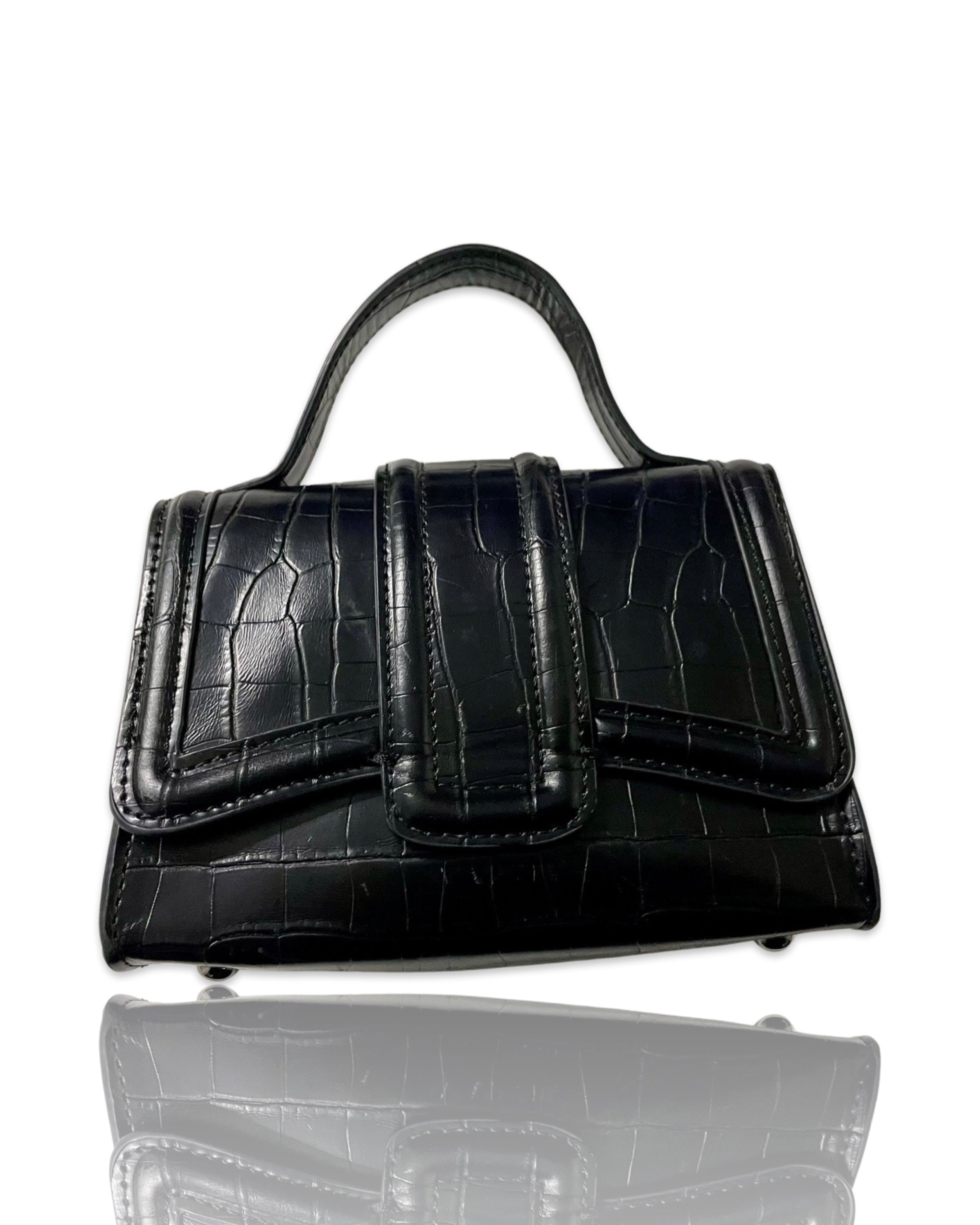 Vintage zara mini ‘city’ crossbody bag in black croc & dark metal shoulder chain