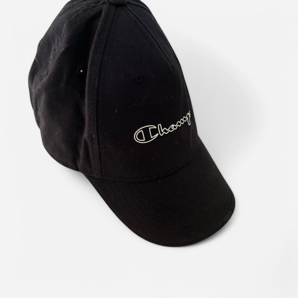 Black Champion cap with embroidered logo #streetwear sku 6823 

Champion SnapBack Hat Cap Script Spellout Logo Black 90s  SKU 6823