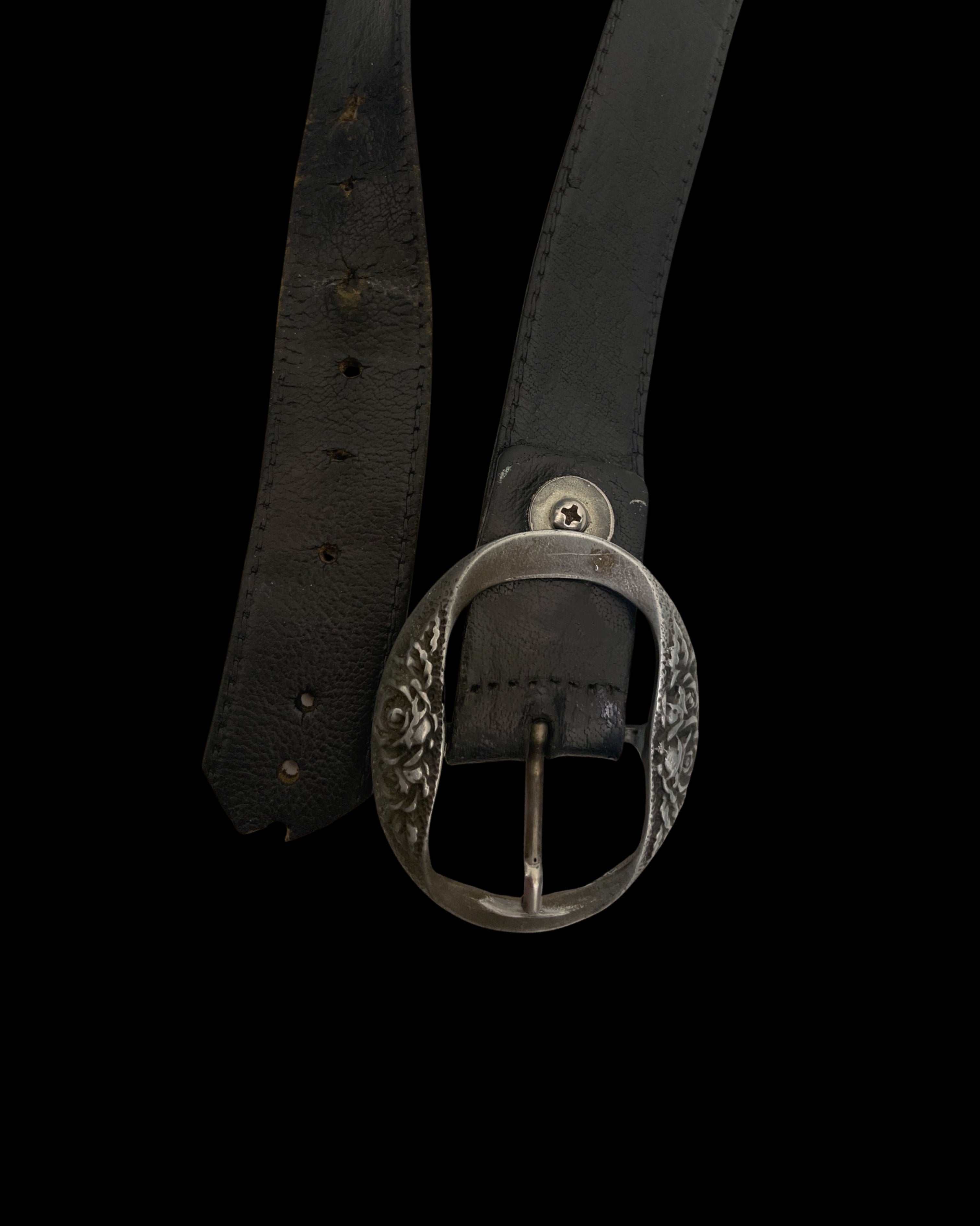 Vintage Flower Detail Western black leather Belt