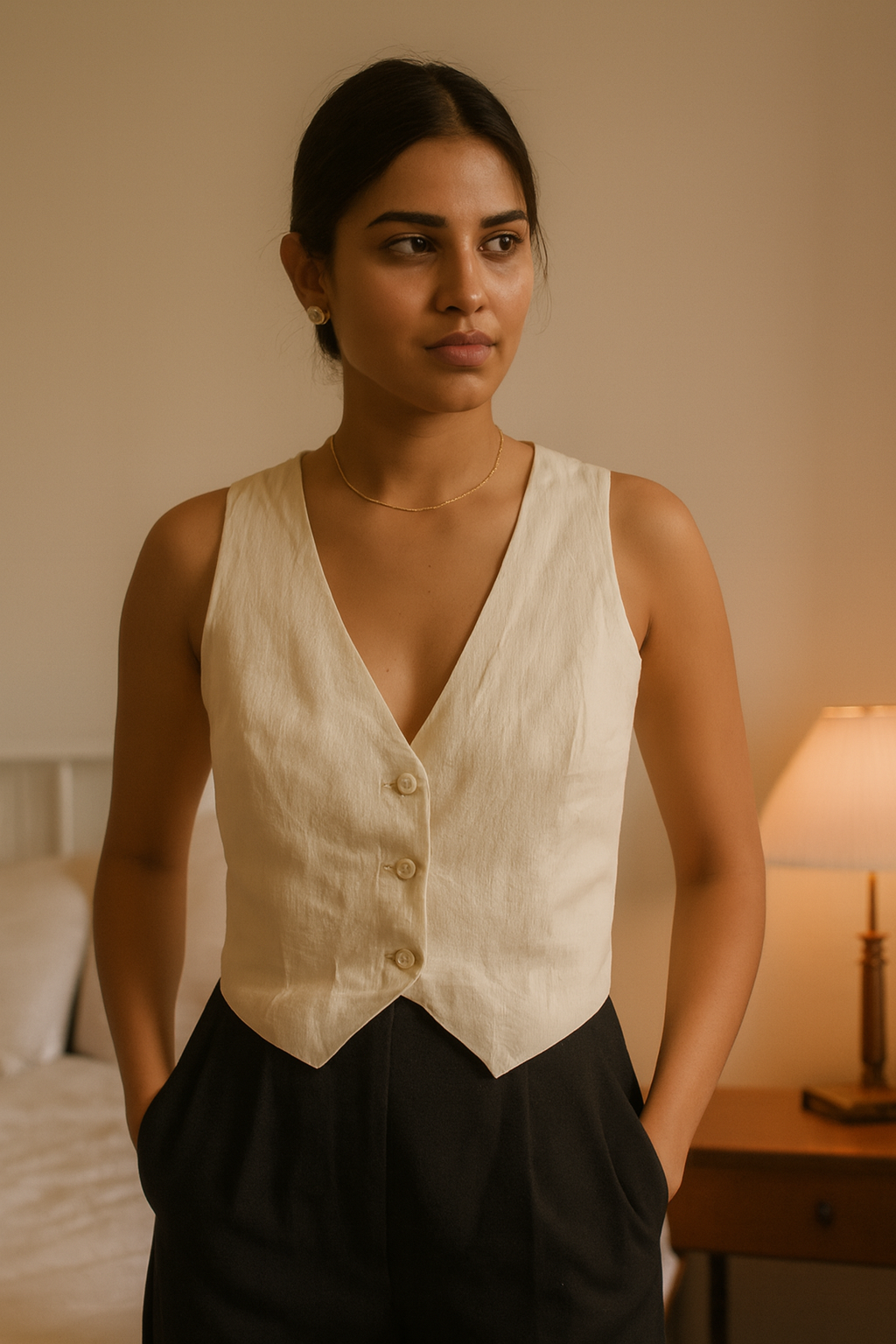 Vintage women cotton canvas V-neck button down beige waist coat UK10|L19 W19|SKU 6614