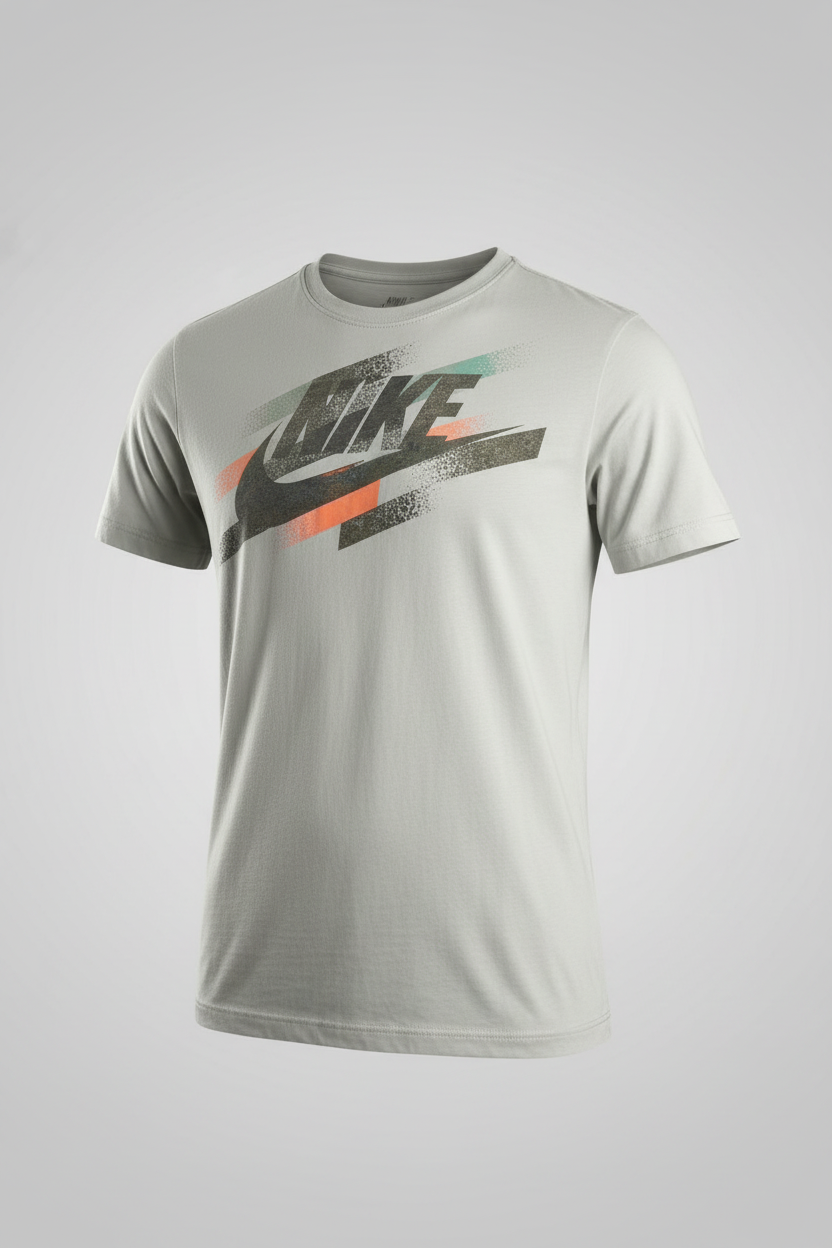 A light gray Nike t-shirt with a faded black and orange logo graphic on the chest, laid flat on a white background.
