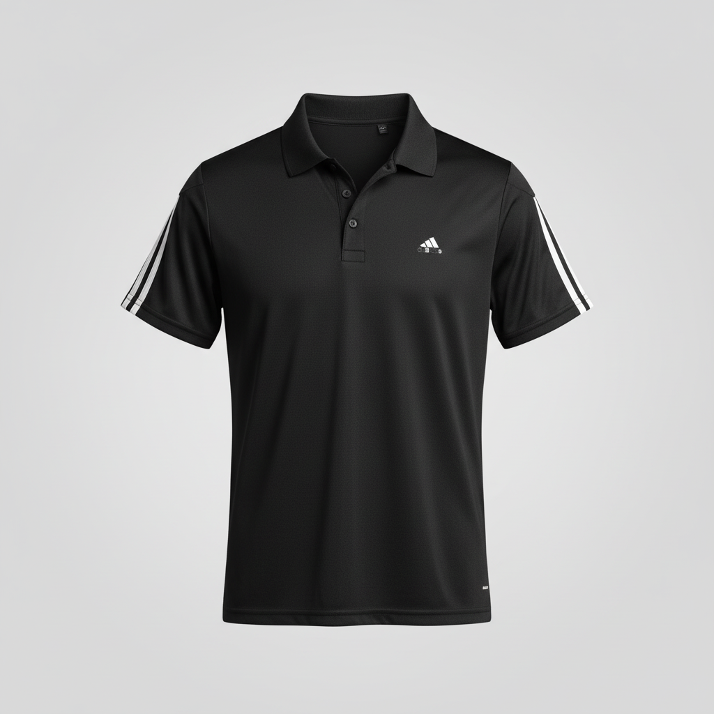 Adidas-branded black polo shirt with Climalite technology and shoulder stripes, similar to the Adidas Men’s Fab Polo Shirt. 
