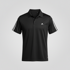 Adidas-branded black polo shirt with Climalite technology and shoulder stripes, similar to the Adidas Men’s Fab Polo Shirt. 

