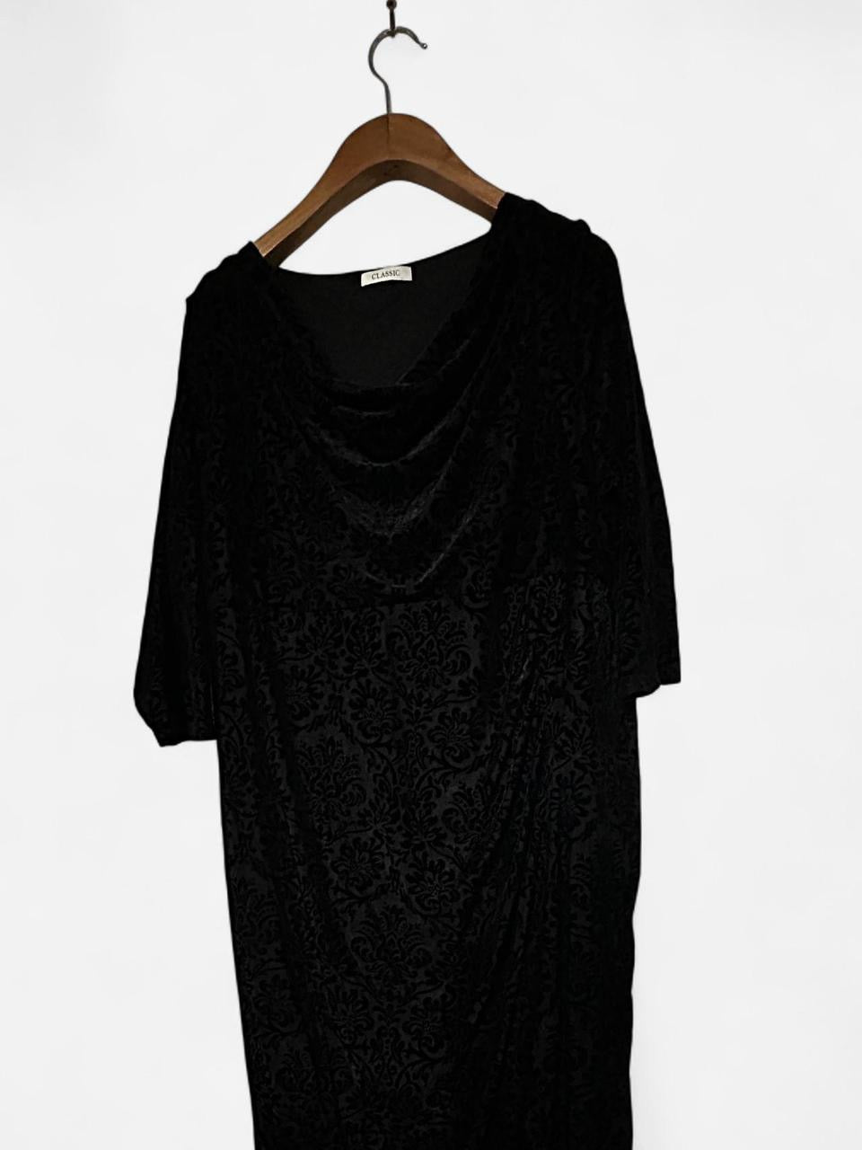 Black velvet M&S dress with draped cowl neckline, 3/4 length sleeves, and a 46 length #velvetdress #cowlneck w21 sku 7005