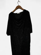Black velvet M&S dress with draped cowl neckline, 3/4 length sleeves, and a 46 length #velvetdress #cowlneck w21 sku 7005