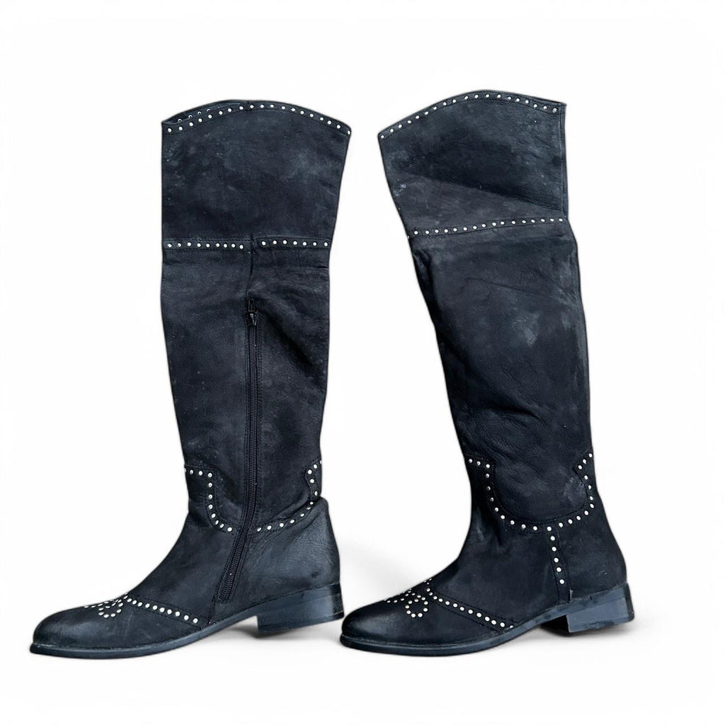 Women’s Black Leather Studded Over The Knee Moleskin Boots 41/8 Sku 6773 