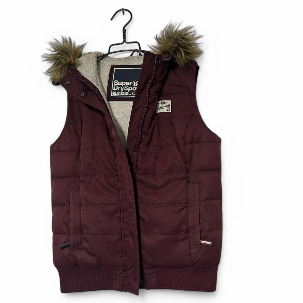 Vintage Women's Burgundy Superdry Padded Gilet with Removable Hood, Size L (26" Length, 20" Waist) - SKU 6875