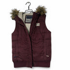 Vintage Women's Burgundy Superdry Padded Gilet with Removable Hood, Size L (26" Length, 20" Waist) - SKU 6875