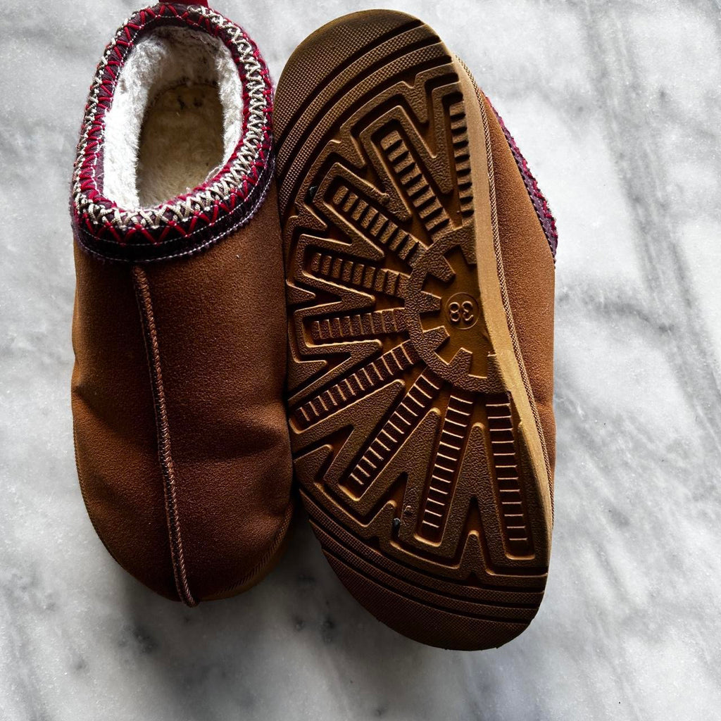 Tazmin Aztec Detail Faux Fur Lining Platform Slipper In Chestnut Faux Suede