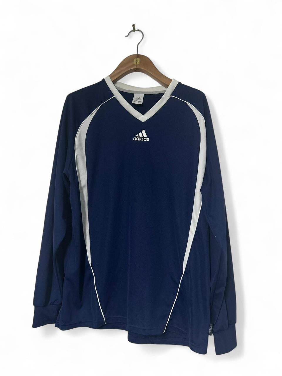 Navy blue Adidas long sleeve shirt with white stripes and embroidered logo sportswear