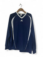 Navy blue Adidas long sleeve shirt with white stripes and embroidered logo sportswear