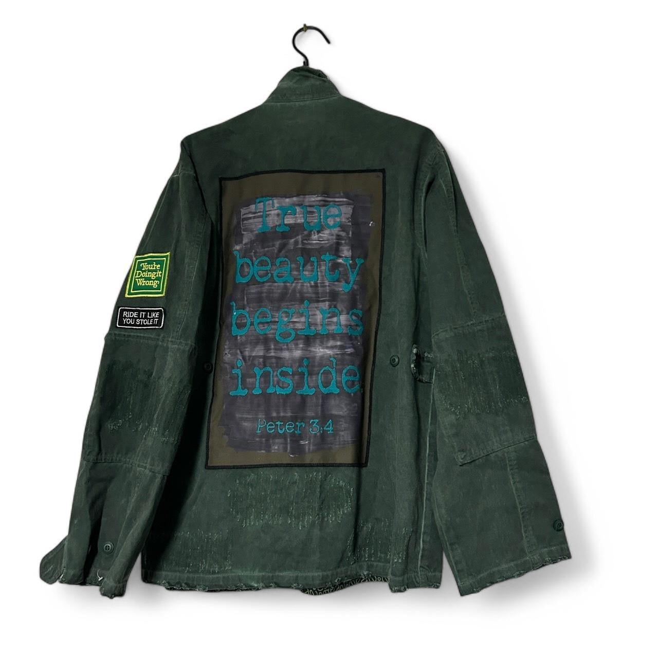 " Unisex Ayios Navy Green Street wear Jacket Made In Greece With Unique Distressed Look L32 W22 in L/XL SKU 6915"