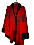 Women’s Red and black faux fur trim shawl with a boho vibe #festivalvibes collar to hem 43 pit to pit 60 SKU 7081