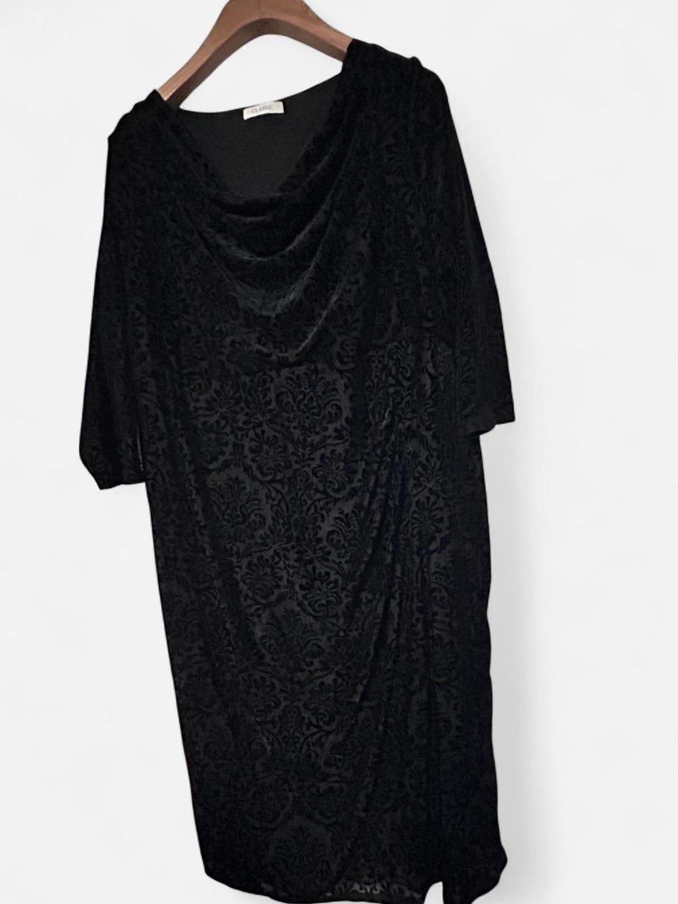 Black velvet M&S dress with draped cowl neckline, 3/4 length sleeves, and a 46 length #velvetdress #cowlneck w21 sku 7005