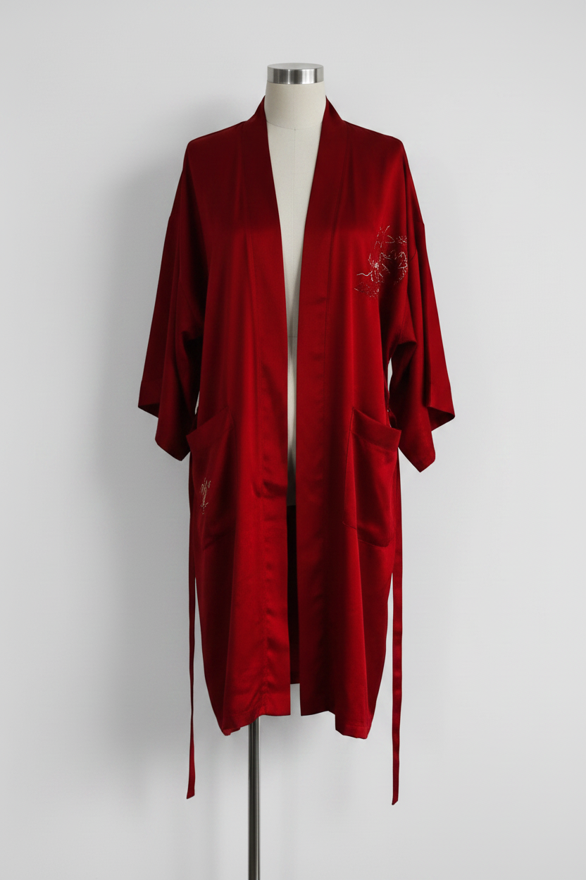 Red vintage Chinese-style kimono with bee embroidery kimono in xl collar to hem 39 pit to pit 22 sku 7027