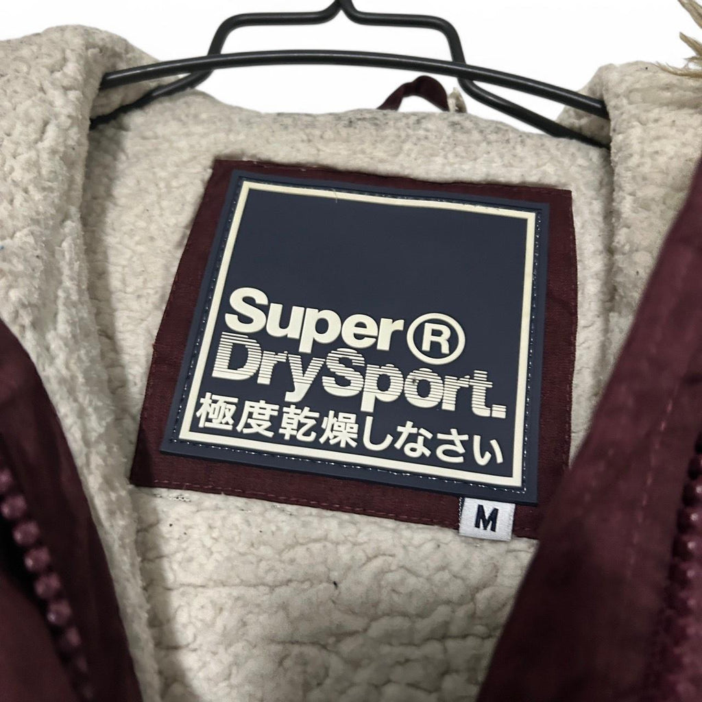 Vintage Women's Burgundy Superdry Padded Gilet with Removable Hood, Size L (26" Length, 20" Waist) - SKU 6875