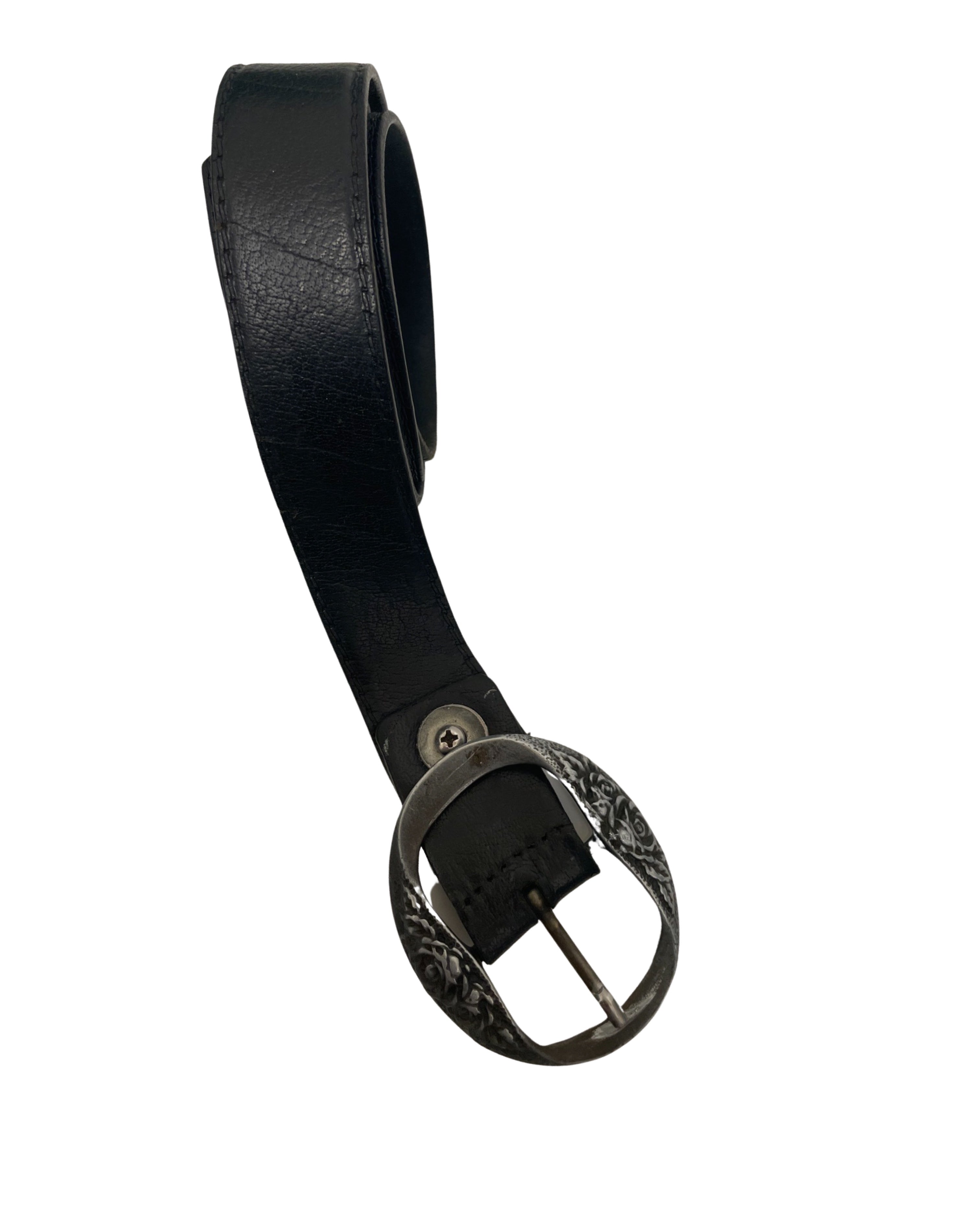 Vintage Flower Detail Western black leather Belt