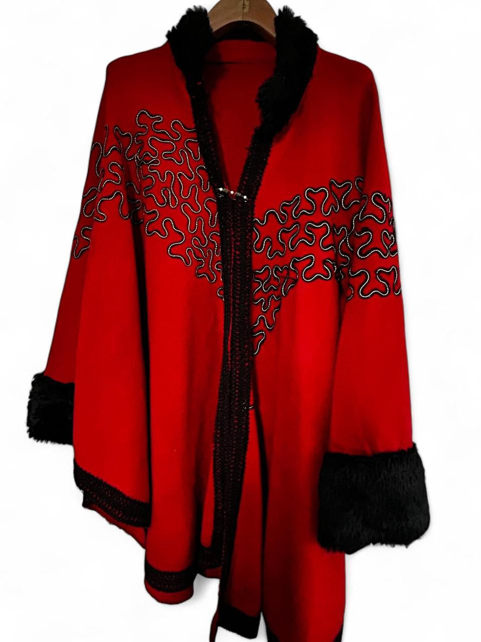 Women’s Red and black faux fur trim shawl with a boho vibe #festivalvibes collar to hem 43 pit to pit 60 SKU 7081