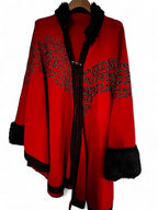 Women’s Red and black faux fur trim shawl with a boho vibe #festivalvibes collar to hem 43 pit to pit 60 SKU 7081