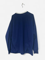 Navy blue Adidas long sleeve shirt with white stripes and embroidered logo sportswear