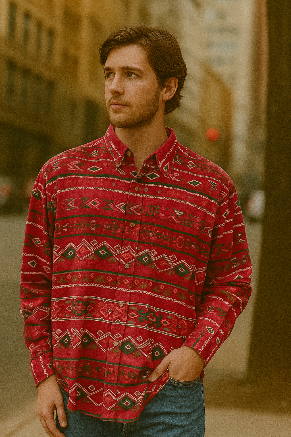 Vintage red abstract printed pattern long sleeve shirt size XL