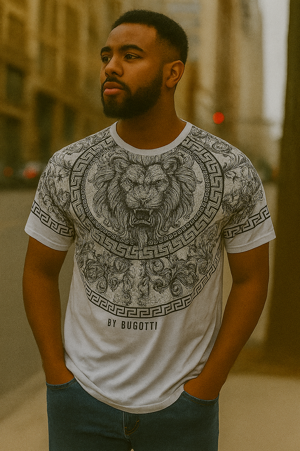 Vintage Bugatti men's Lion graphics regular fit white tees in M|L28 W19| SKU 4785