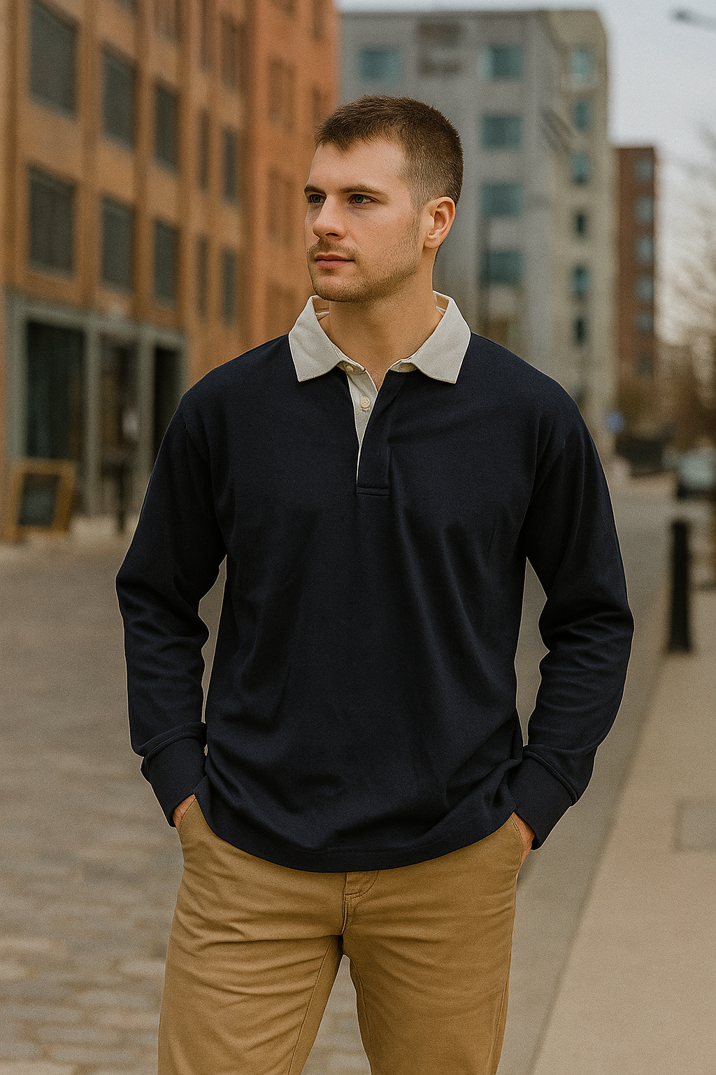 Vintage men's Banana Republic blue long sleeve regulat fit polo shirt in M|L29 W23|SKU 4787