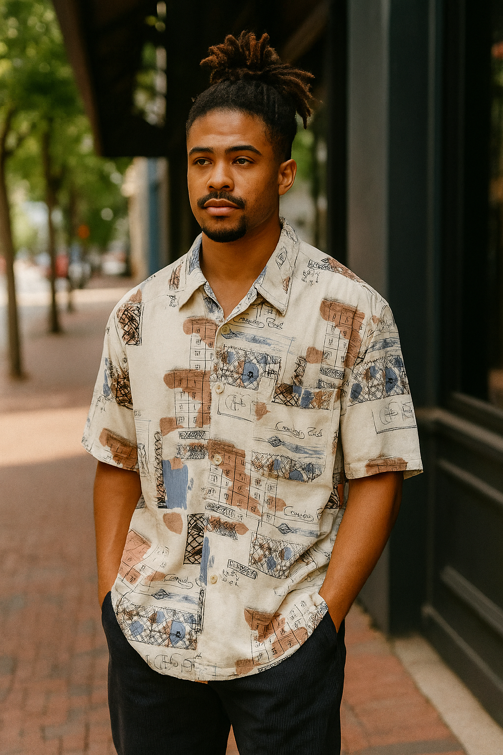 Vintage mens cream abstract printed pattern short sleeve shirt size M