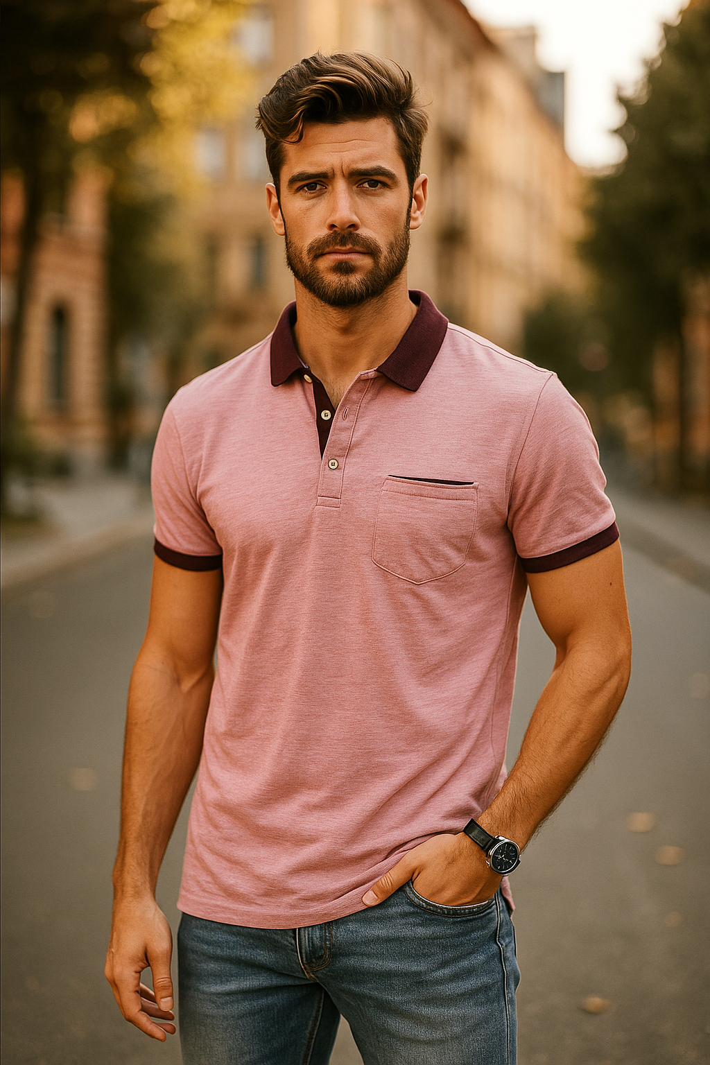 Vintage River Island men's Pink POLO shirt in L| L30 W19| SKU 5511